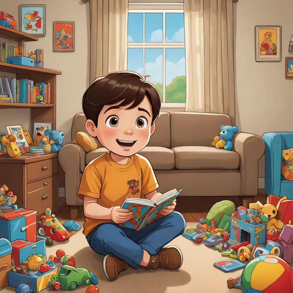 a boy sitting on the floor reading a book in a room full of toys and toys on the floor, sots art, a storybook illustration, Diego Gisbert Llorens, official art
