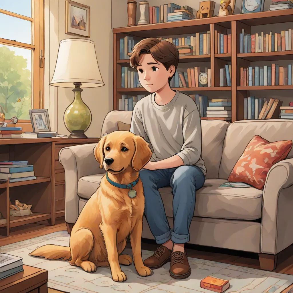 a boy sitting on a couch with a dog in front of him and a bookcase behind him with books, american scene painting, a storybook illustration, Dan Scott, official art