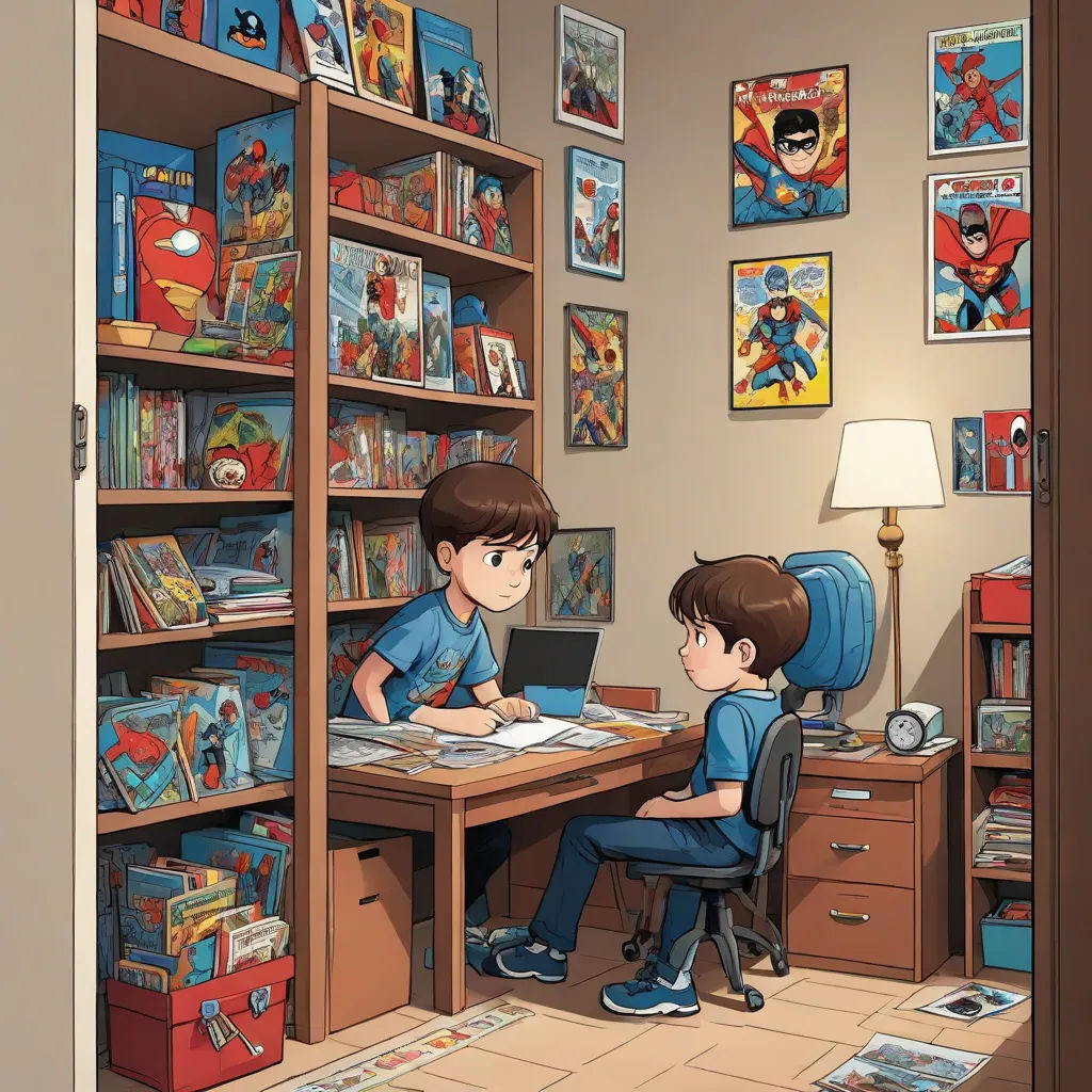 a boy and a boy sitting at a desk in a room with a bookcase and a bookcase, photorealism, a comic book panel, Brothers Hildebrandt, comic book