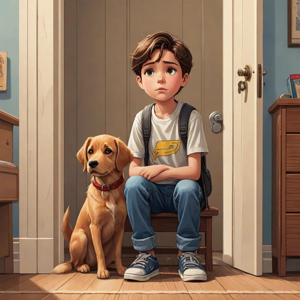 a boy sitting on a chair next to a dog in a room with a door open and a dog sitting on the floor, photorealism, a comic book panel, Aaron Jasinski, pixar and disney animation