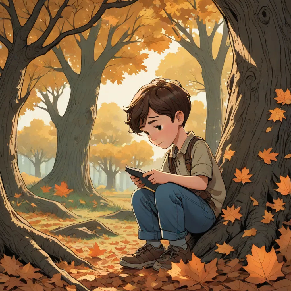 a boy sitting in a tree looking at a tablet computer in a forest with leaves on the ground and a tree with yellow leaves, serial art, a storybook illustration, Aaron Jasinski, official art