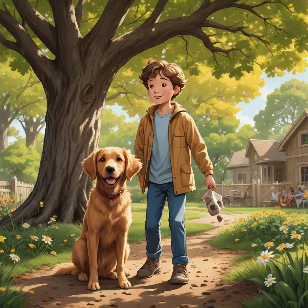 a boy and his dog are walking down a path in the park with a dog on a leash and a house in the background, american scene painting, a storybook illustration, Aaron Jasinski, kinkade
