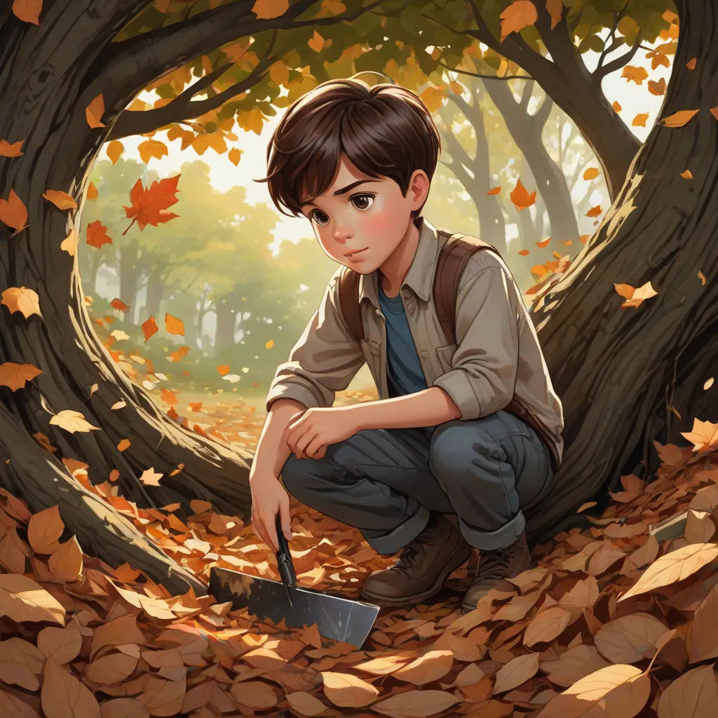 a boy kneeling down in a pile of leaves with a shovel in his hand and a tree in the background, serial art, a storybook illustration, Aaron Jasinski, official art