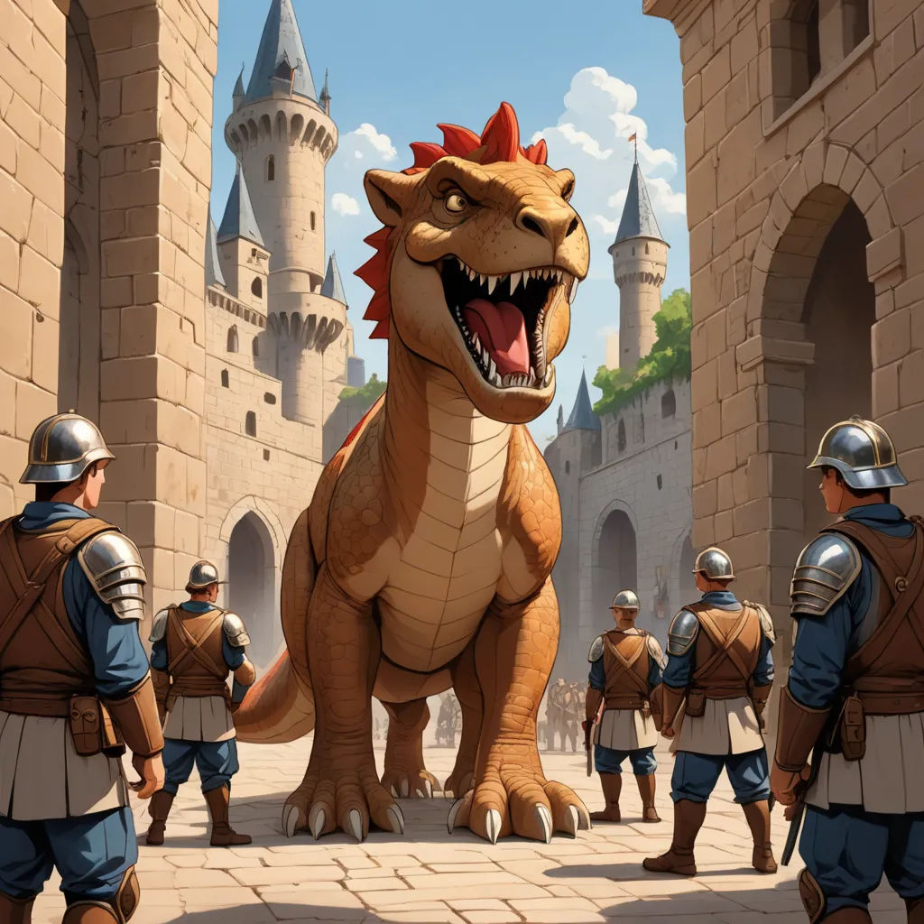 a cartoon of a dragon with a group of men in armor around it and a castle in the background, sots art, concept art, Clint Cearley, magic the gathering artwork