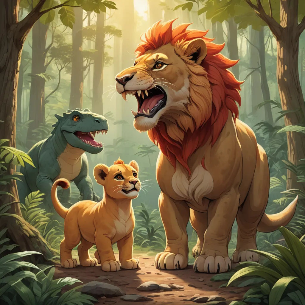 a lion and a lioness in a jungle with a baby lion in the foreground and a large adult lion in the background, sots art, an album cover, Chris LaBrooy, official art