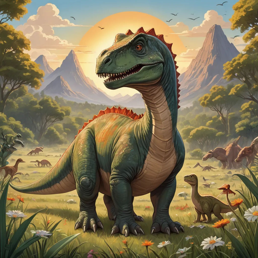 a dinosaur with a large head and a small body standing in a field of grass and flowers with a mountain in the background, altermodern, a detailed painting, Adam Rex, rossdraws global illumination