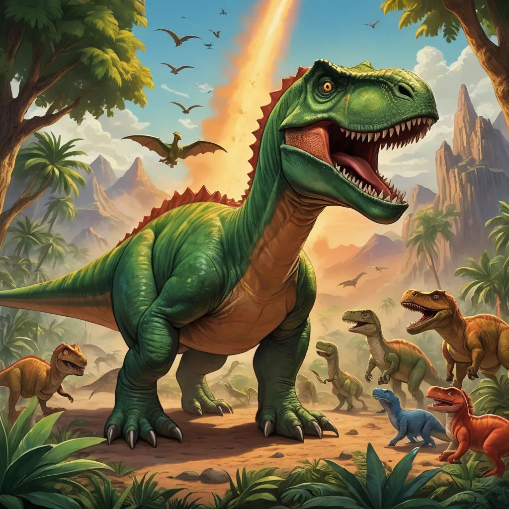 a painting of a dinosaur with a lot of dinosaurs in the background and a rocket in the sky above, altermodern, concept art, Adam Rex, magic the gathering artwork