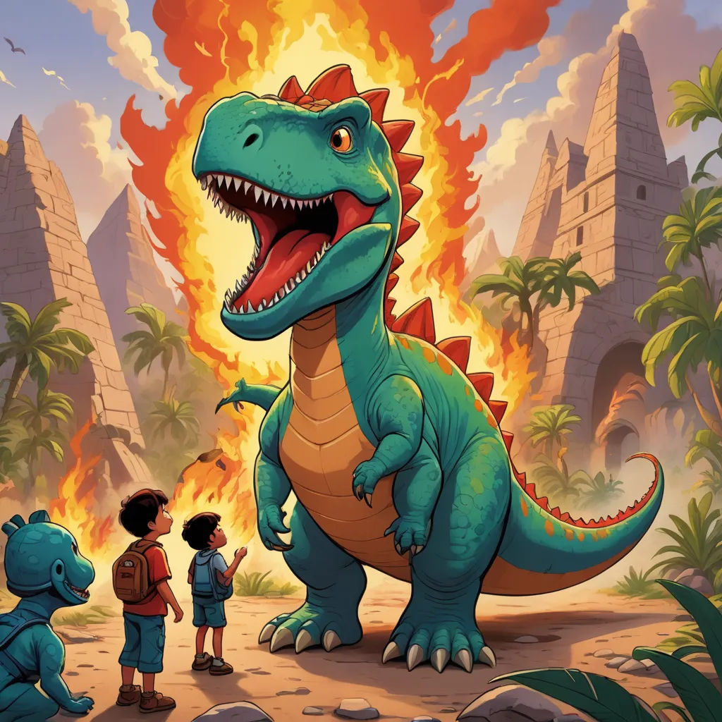 a dinosaur with a boy standing next to it and a fire in the background with a man standing next to it, sots art, a storybook illustration, Adam Rex, promotional image