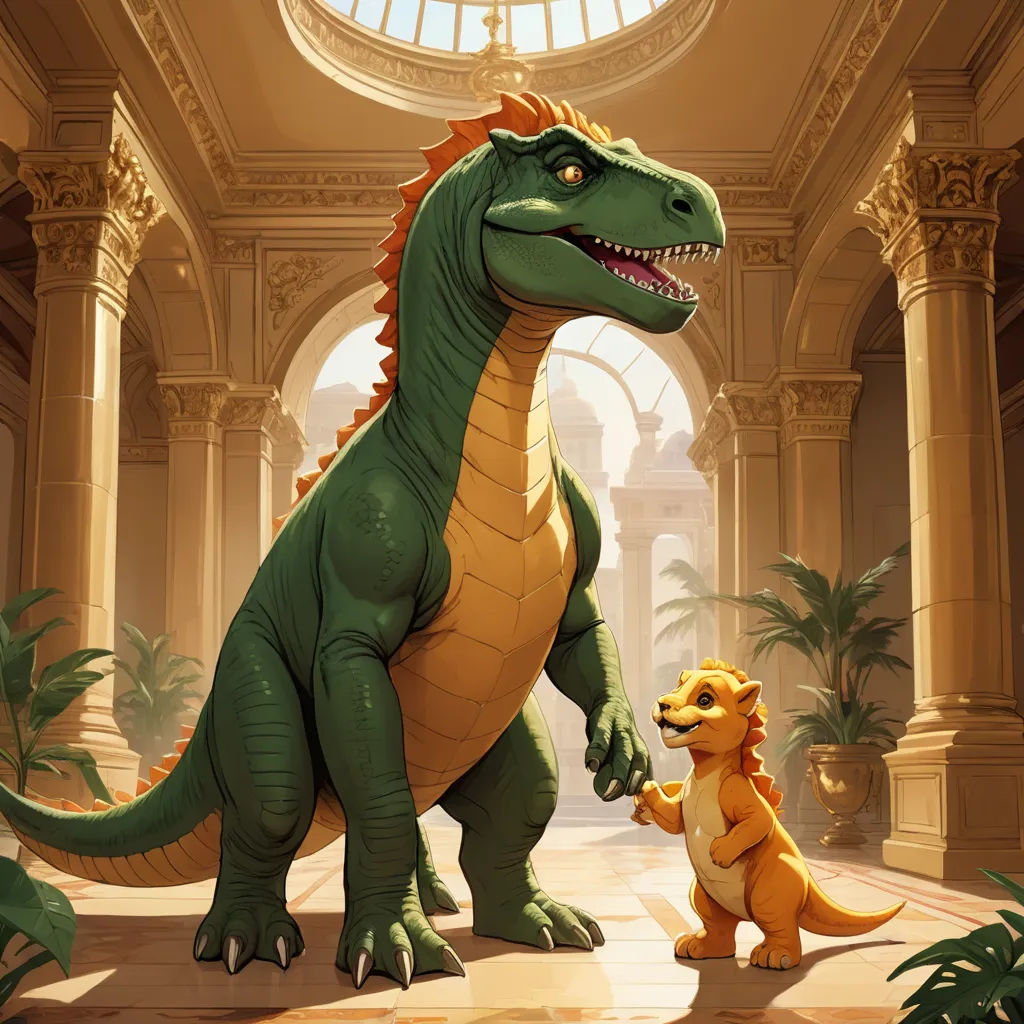 a dinosaur and a small dinosaur in a room with arches and columns, with a skylight above them, altermodern, concept art, Clint Cearley, official art