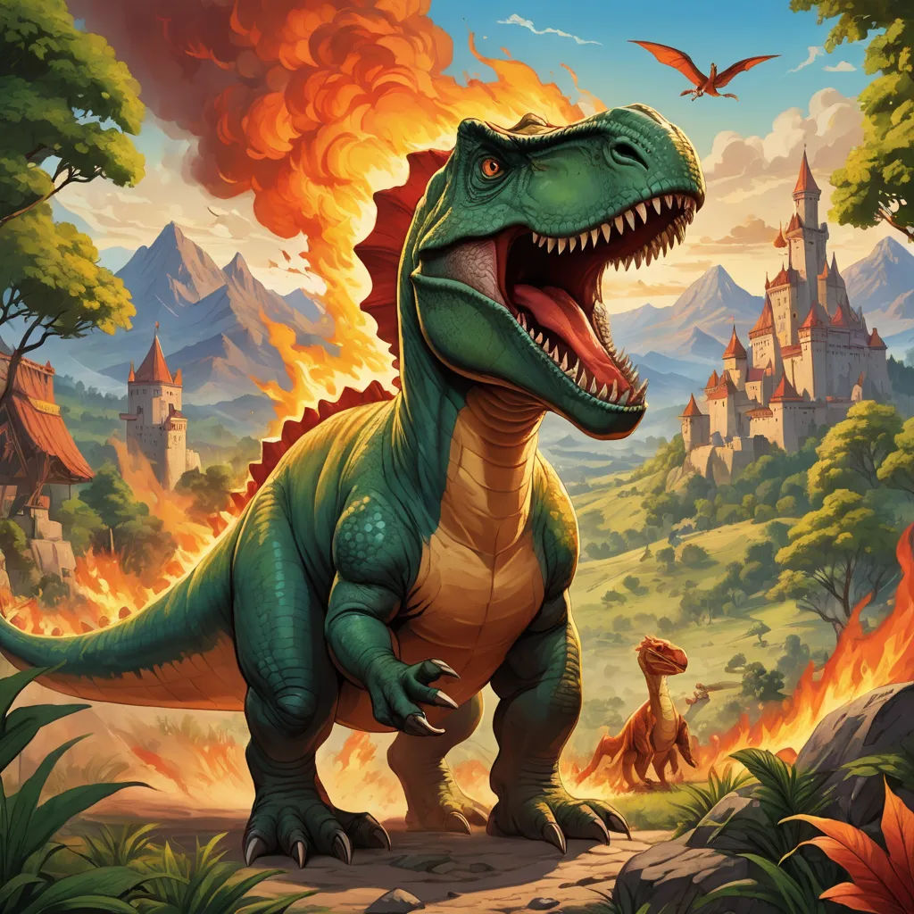 a dinosaur with a fire in the background and a castle in the background with a bird flying over it, altermodern, concept art, Adam Rex, magic the gathering artwork