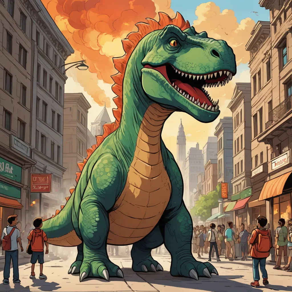 a cartoon of a dinosaur with a fire in the background and people standing around it on a city street, american scene painting, a storybook illustration, Adam Rex, josan gonzales and dan mumford