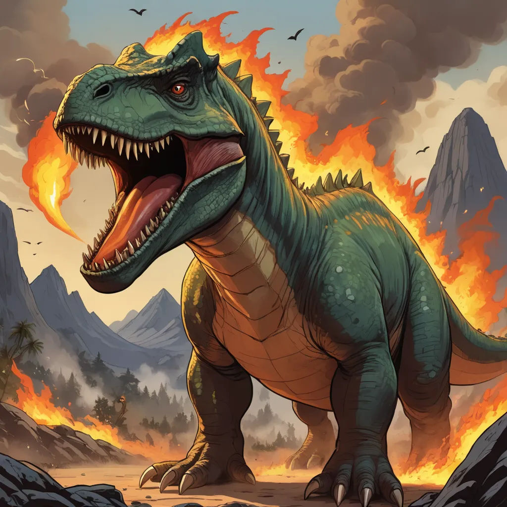 a dinosaur with its mouth open and a fire in the background with mountains and birds flying overhead and a bird flying overhead, altermodern, concept art, Adam Rex, magic the gathering artwork