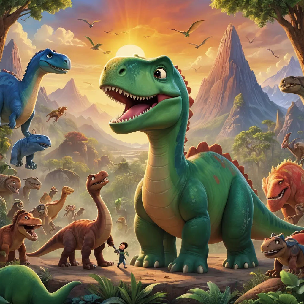 a group of dinosaurs in a jungle with a boy standing in the background and a mountain in the background, sots art, concept art, Adam Rex, key art