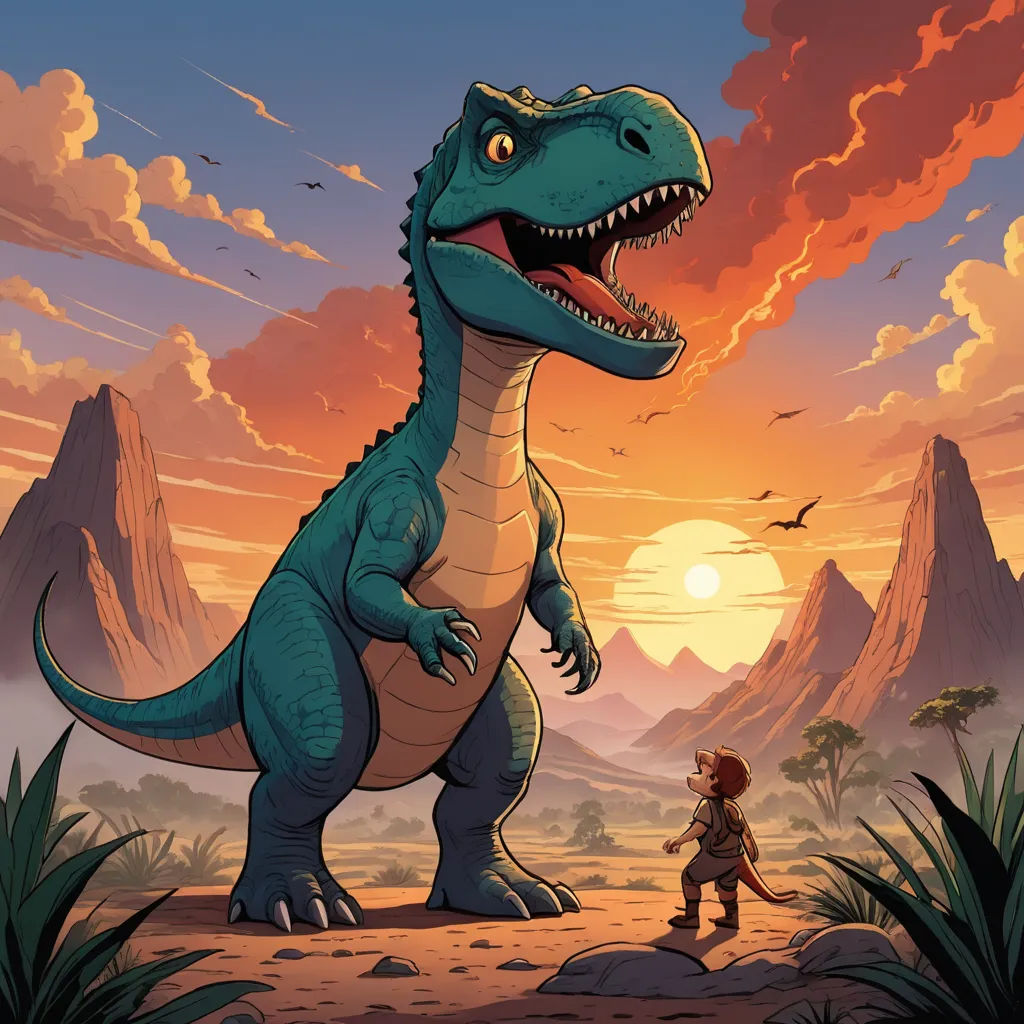 a dinosaur and a boy in a desert setting with a sunset in the background and mountains in the foreground, fantasy art, a storybook illustration, Adam Rex, rossdraws global illumination