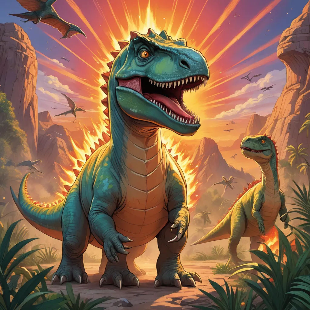 a dinosaur with a large mouth and a smaller one in the background with a sunset in the background and a bird flying over it, altermodern, concept art, Adam Rex, magic the gathering artwork