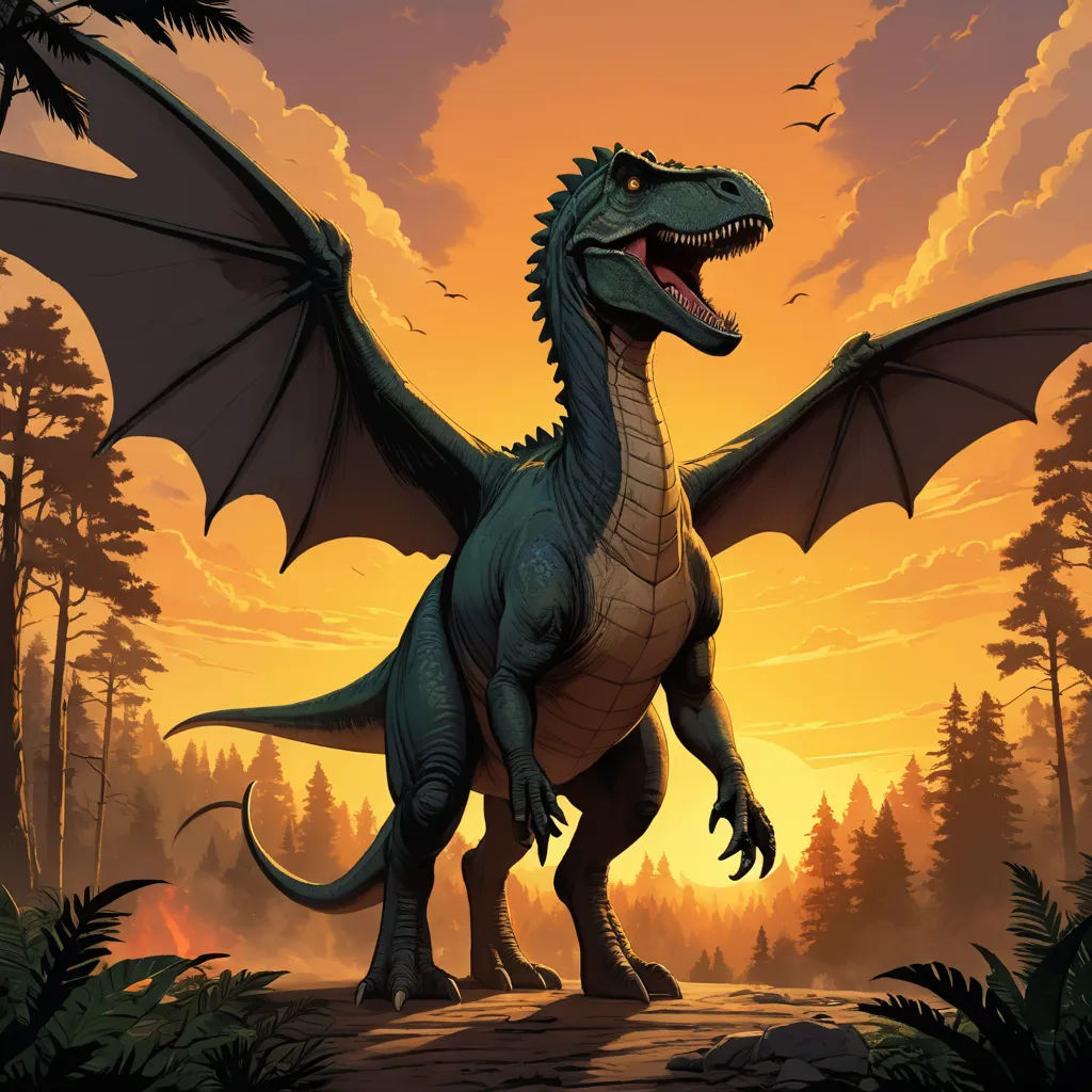 a large green dragon standing in a forest at sunset with its wings spread out and its mouth open,, altermodern, concept art, Adam Rex, magic the gathering artwork