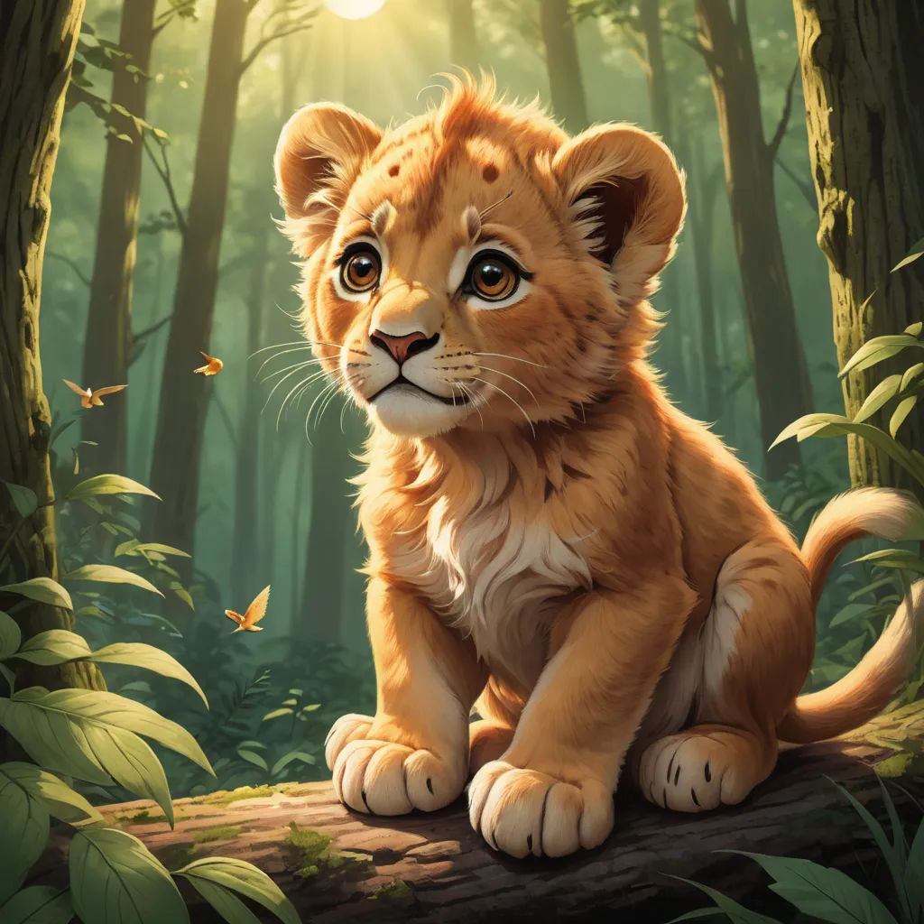 a lion cub sitting on a log in a forest with butterflies flying around it and a sun shining through the trees, furry art, a digital painting, Chris LaBrooy, official art
