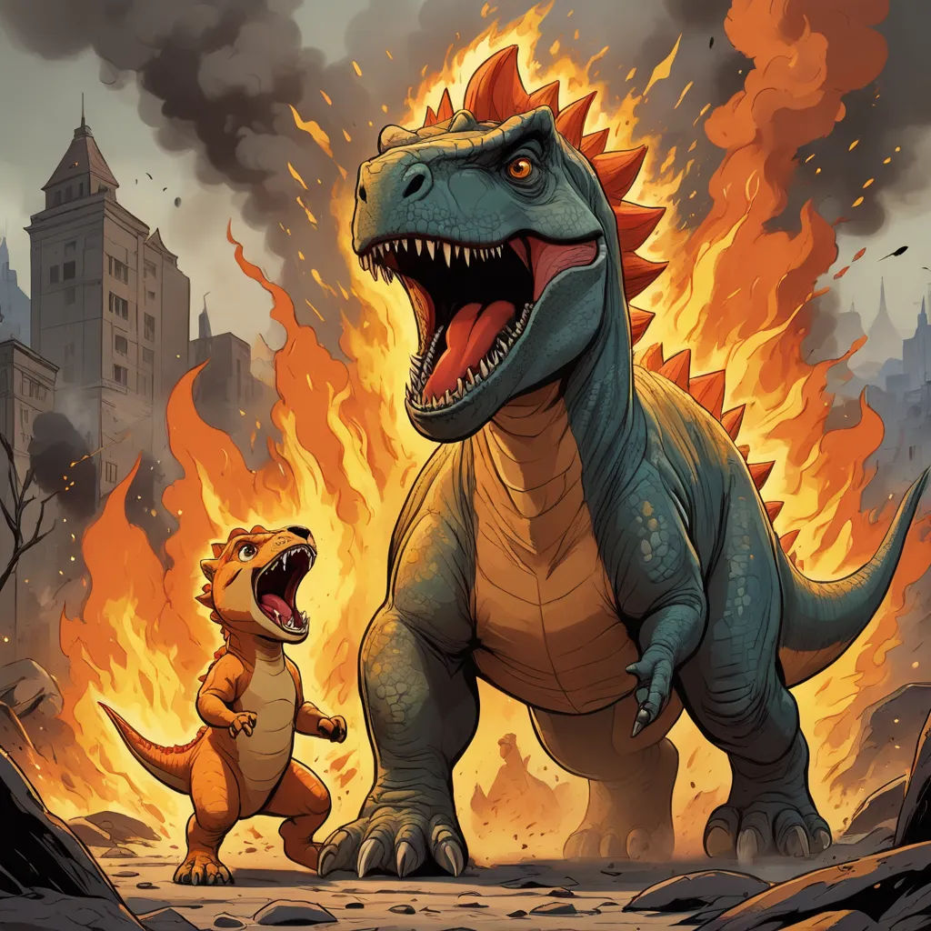a dinosaur and a t - shirt - type dinosaur in front of a fire - filled city skyline with a castle, sots art, a comic book panel, Adam Rex, comic cover art