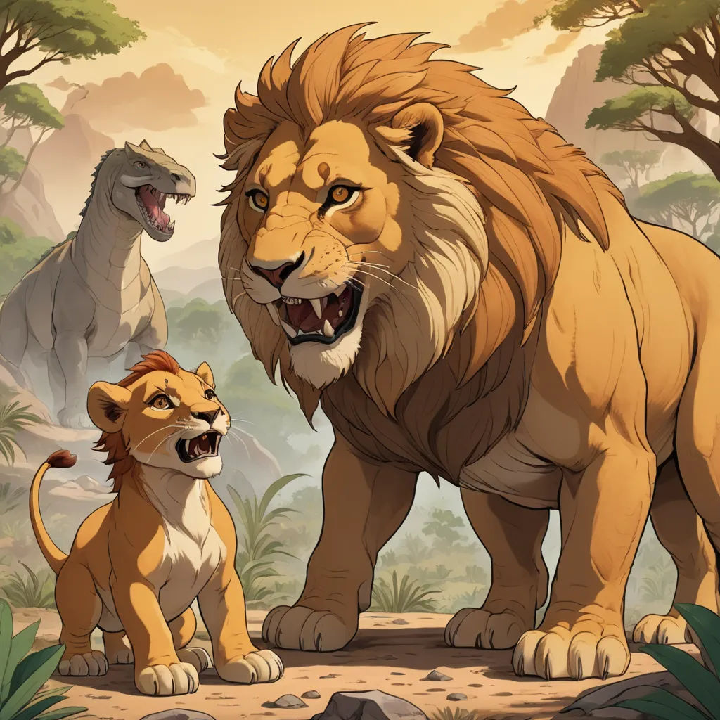 a lion and a lioness in a jungle scene with a lion and a smaller lion in the background, furry art, concept art, Chris LaBrooy, official art