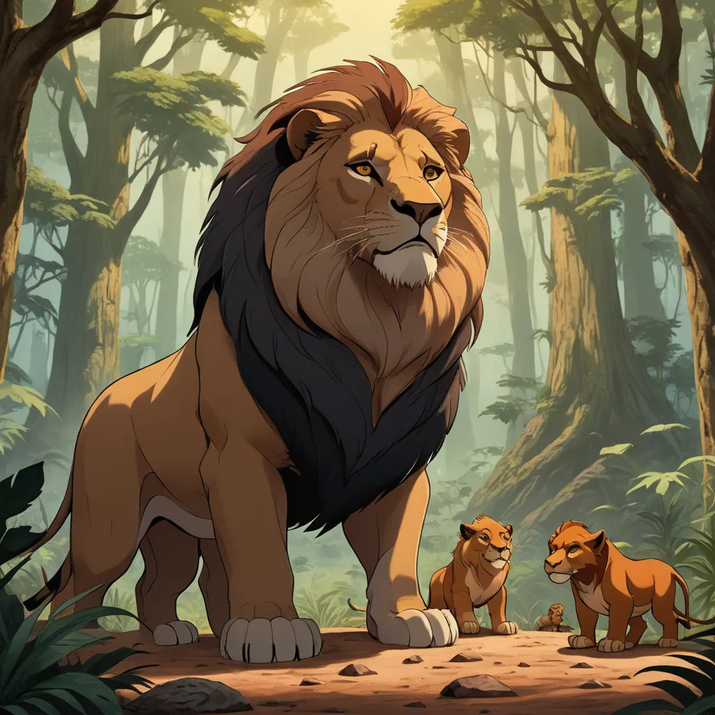 a lion and a lion cub in a jungle scene with trees and bushes in the background and sunlight shining through the trees, furry art, concept art, Don Bluth, official art