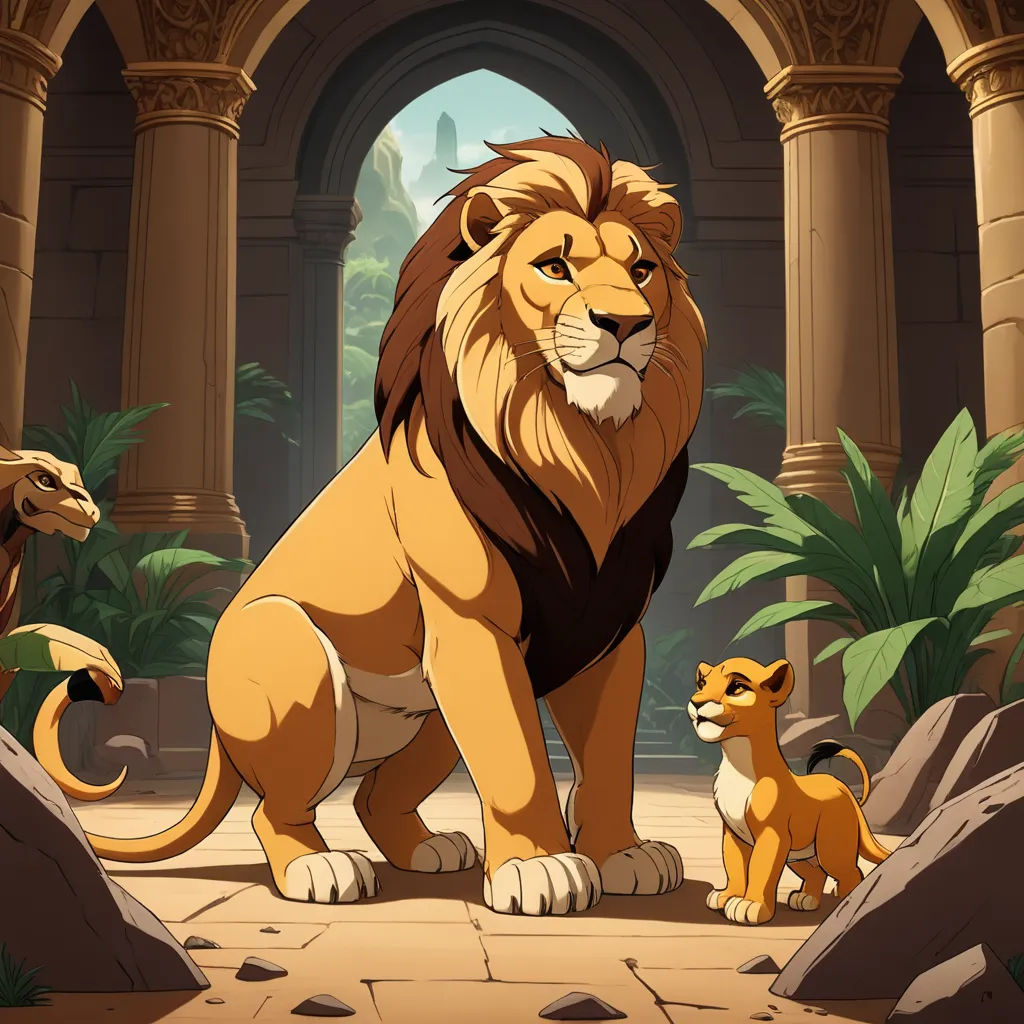 a lion and a lion cub in a cartoon scene with a stone arch and a stone floor and a stone archway, furry art, concept art, Don Bluth, official art