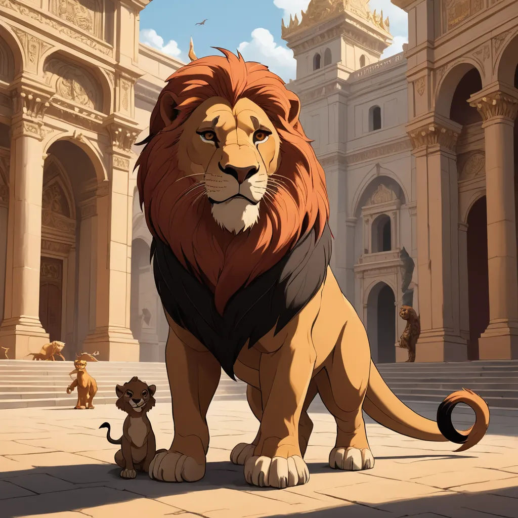 a lion and a lion cub standing in front of a building with a sky background and a few other animals, furry art, concept art, Chris LaBrooy, official art