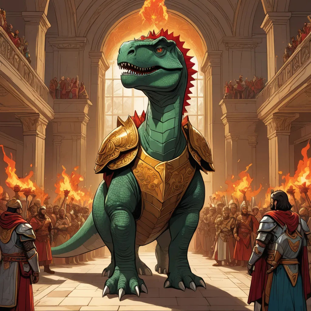 a dinosaur with a helmet and armor standing in front of a crowd of people in a building with fire, altermodern, concept art, Clint Cearley, magic the gathering artwork