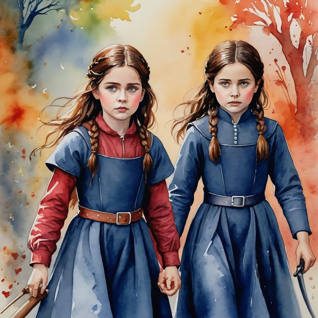 two girls in blue dresses holding hands and walking in the woods with trees in the background and a red and yellow sky, fantasy art, a detailed painting, Ada Gladys Killins, official art