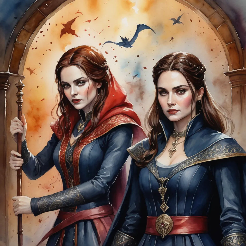 a painting of two women dressed in medieval costumes, one holding a staff and the other holding a staff, fantasy art, a detailed painting, Charlie Bowater, mars ravelo and greg rutkowski