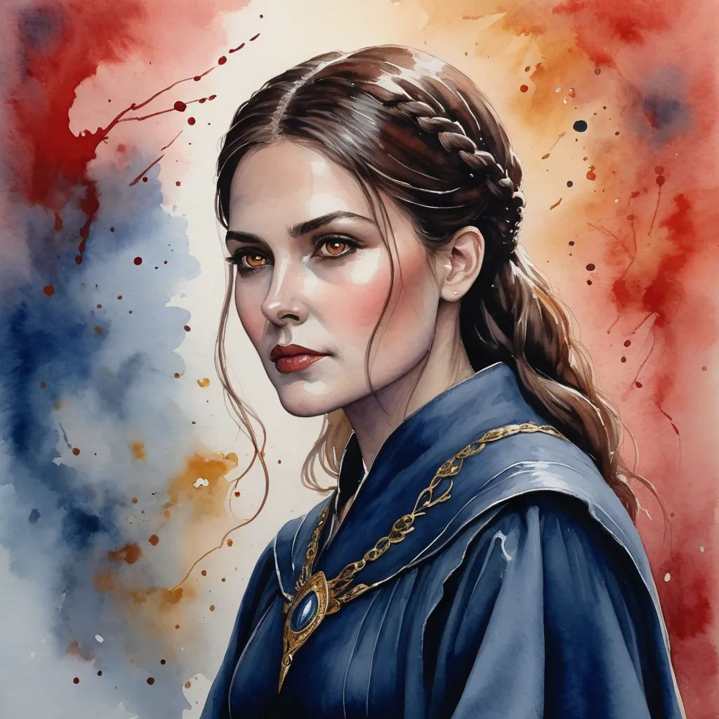 a painting of a woman with a braid in her hair and a blue dress with a red and yellow background, fantasy art, a detailed painting, Aleksi Briclot, stanley artgerm lau