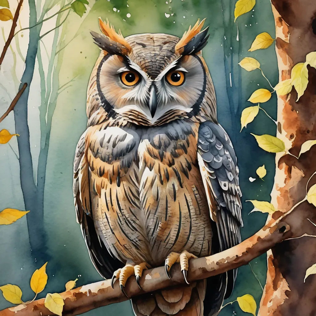 a painting of an owl sitting on a branch in a forest with yellow leaves on the ground and a green background, fantasy art, a watercolor painting, Brom, highly detailed digital painting