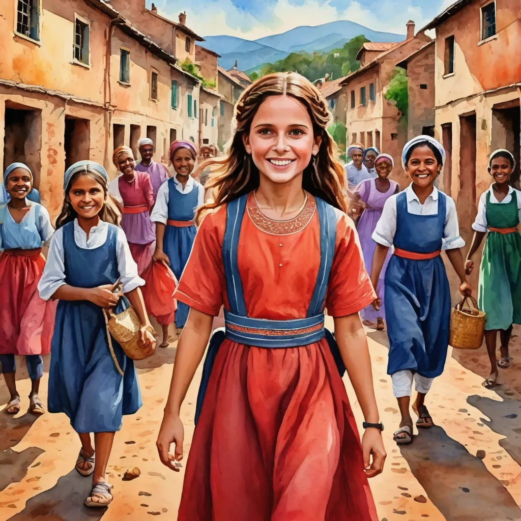 a painting of a girl in a red dress and other children in blue dresses walking down a street with buildings, magical realism, a painting, Bob Byerley, official art