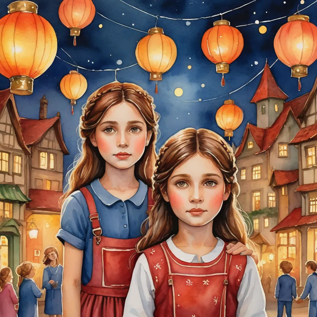 a painting of two girls standing in front of a town with lanterns hanging from the sky above them and a full moon in the sky, magical realism, a storybook illustration, Elinor Proby Adams, trending on art station