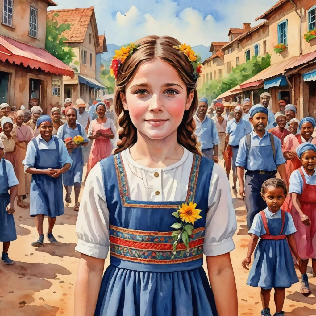 a painting of a girl in a blue dress with a flower in her hair and a crowd of people behind her, socialist realism, an oil on canvas painting, Bob Byerley, official art