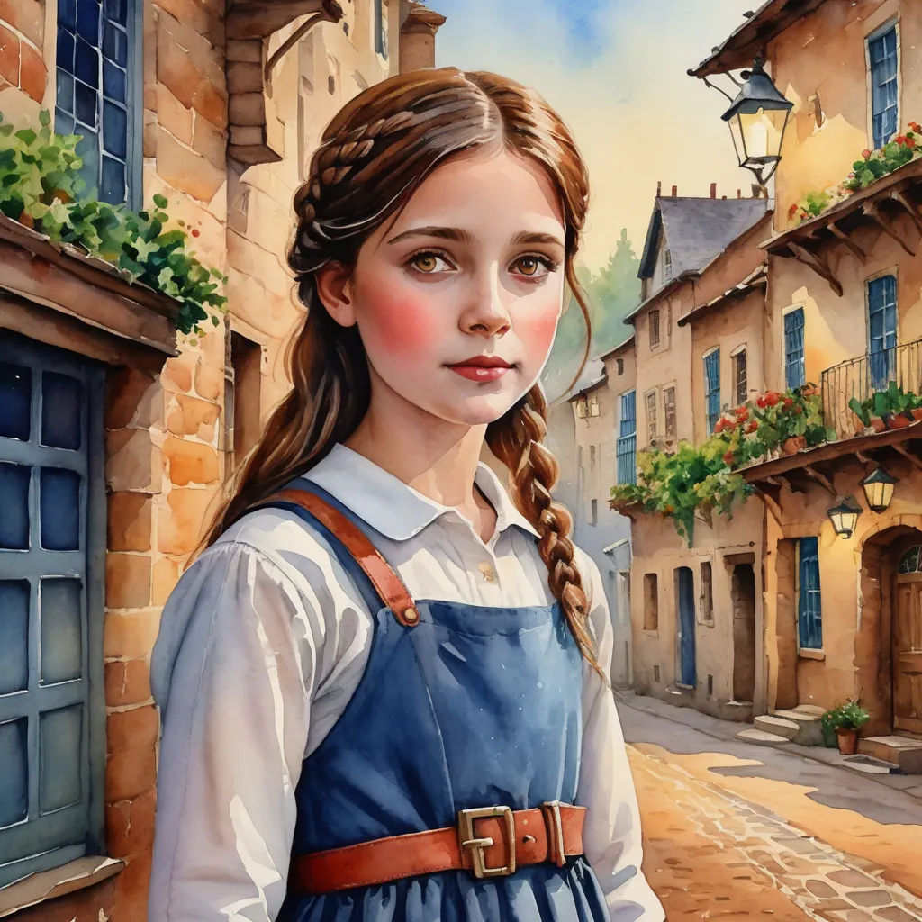 a painting of a girl in a blue dress standing in front of a building with a lamp post in the background, figurative art, an ultrafine detailed painting, Bob Byerley, trending on art station
