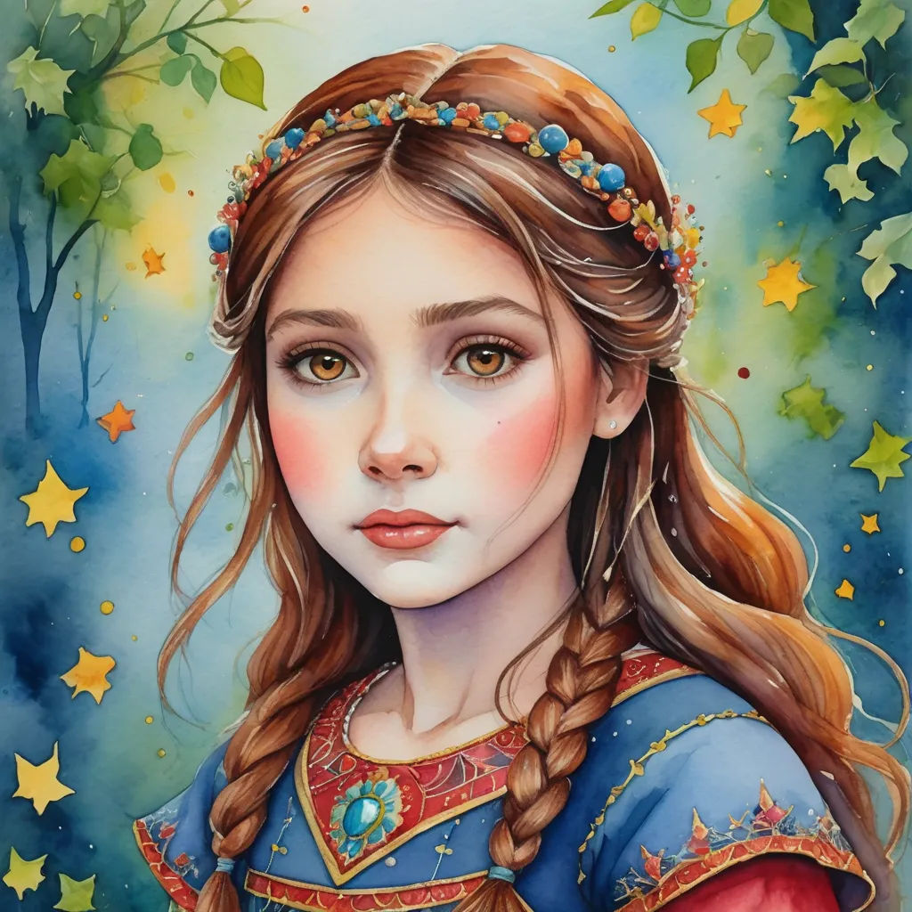 a painting of a girl with long hair and a crown on her head, wearing a blue dress and a red dress, fantasy art, a detailed painting, Elina Karimova, detailed painting