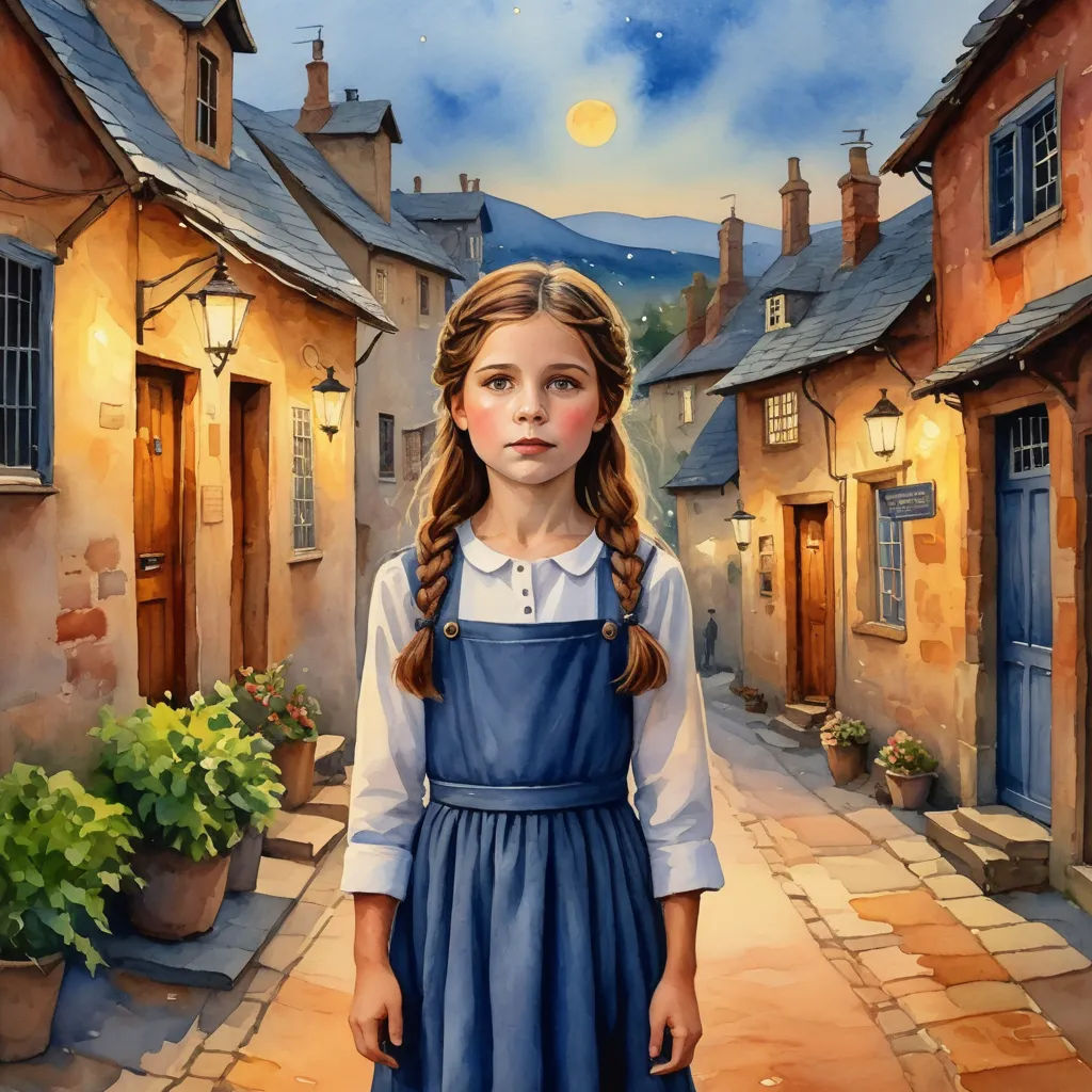 a painting of a girl in a blue dress standing in front of a street with a full moon in the sky, magical realism, a storybook illustration, Bob Byerley, storybook illustration