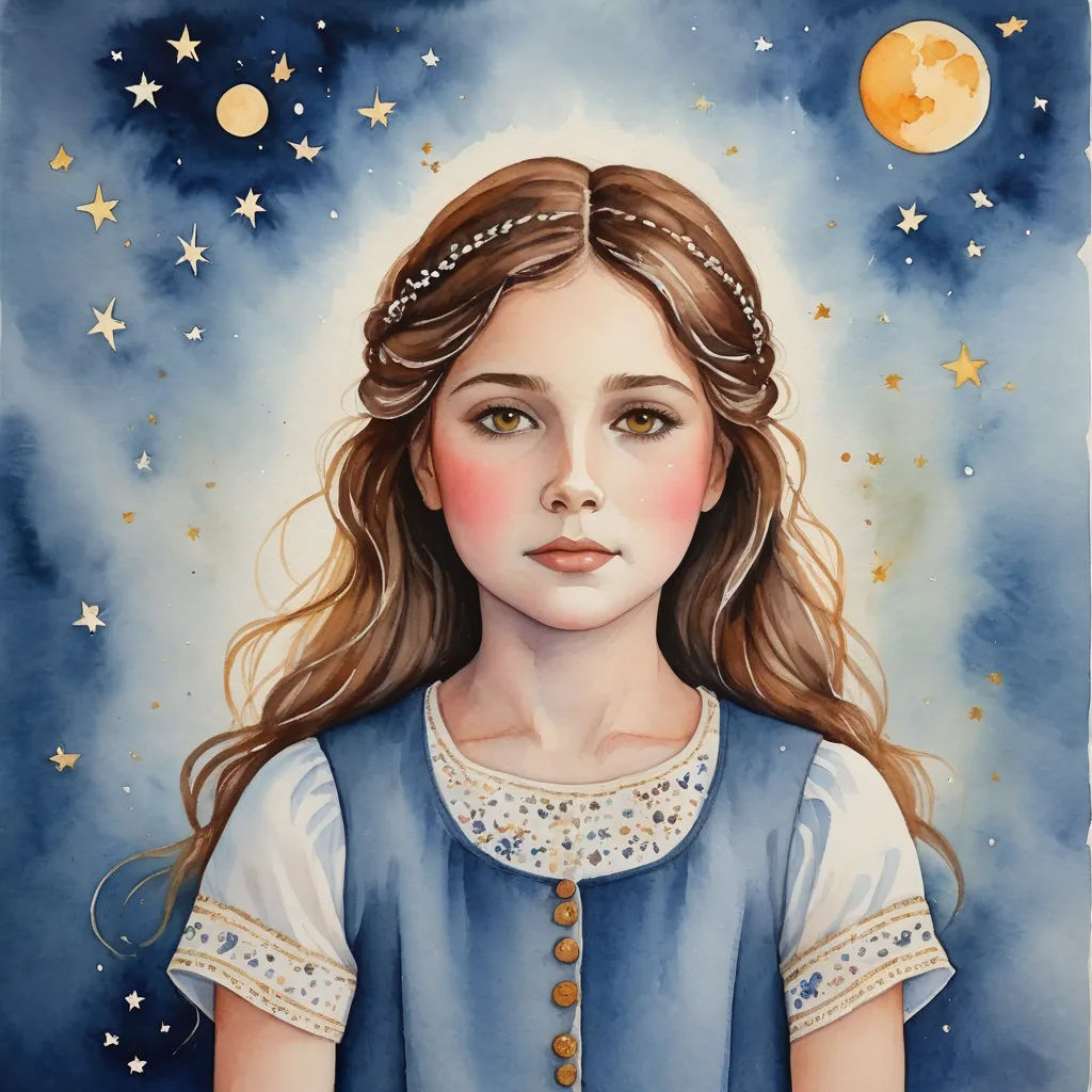 a painting of a girl with long hair and a blue dress with stars on it and a full moon in the background, space art, a watercolor painting, Amanda Sage, in gouache detailed paintings