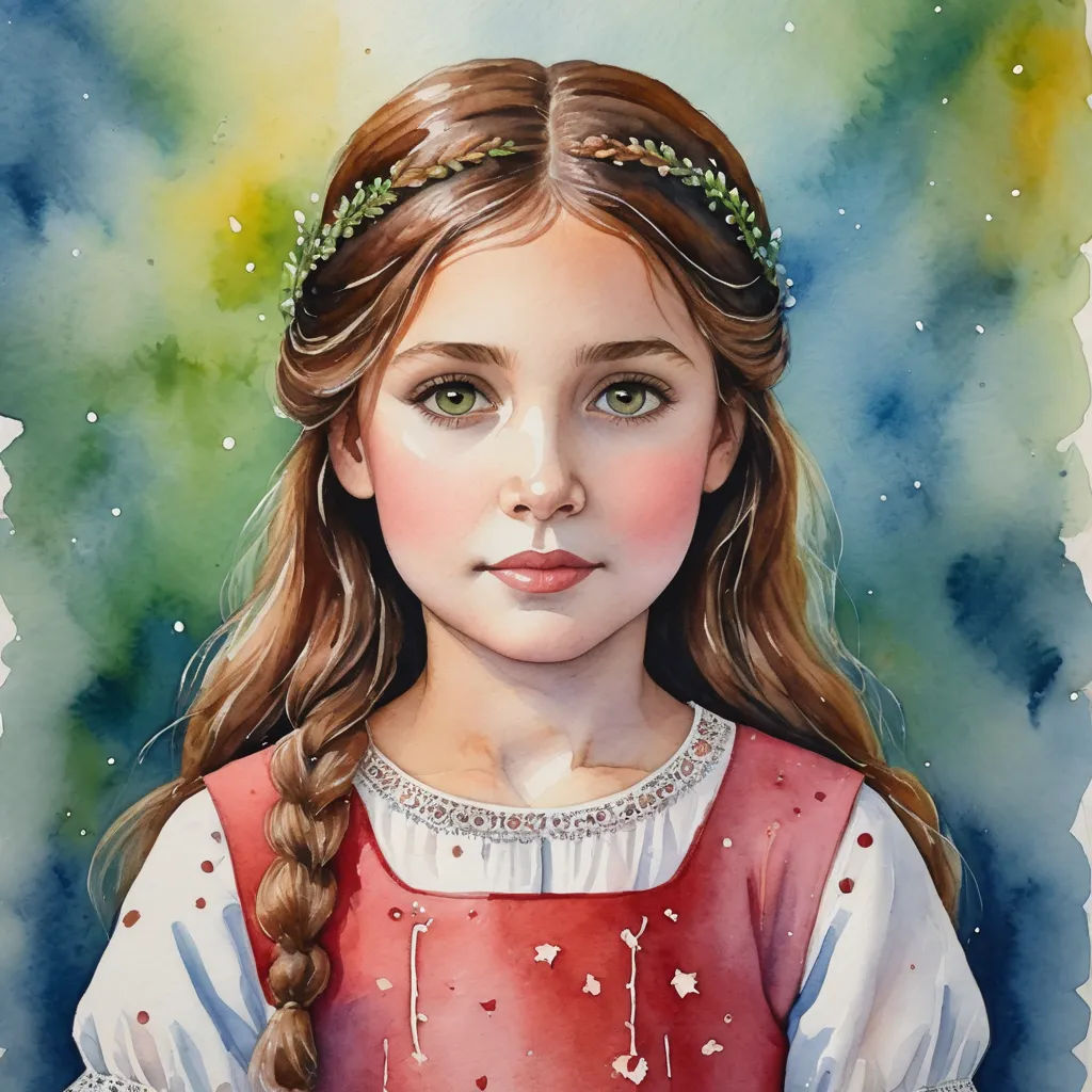 a painting of a girl with long hair and a braid in her hair, wearing a red dress and a crown of flowers, figurative art, a watercolor painting, Brigette Barrager, detailed painting