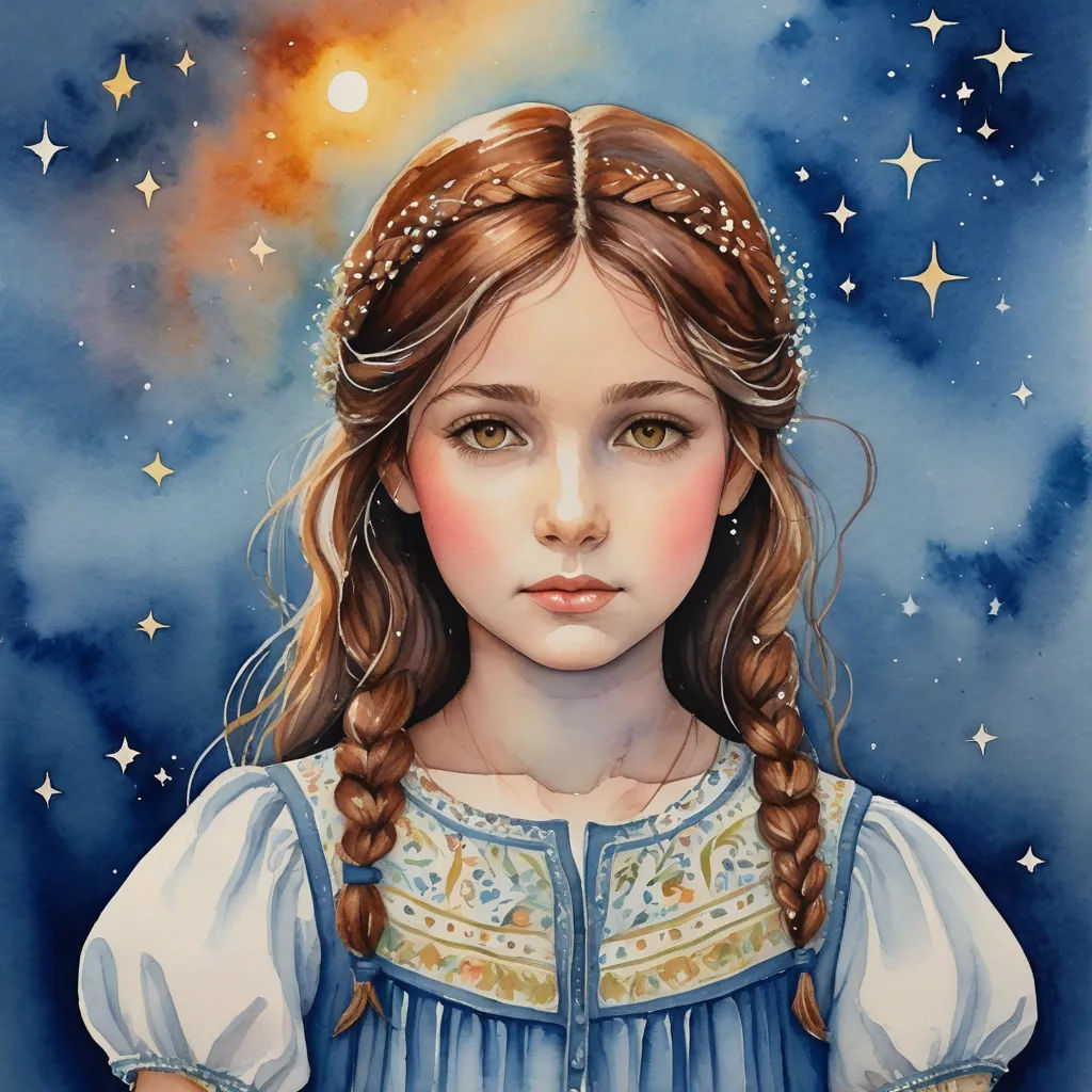 a painting of a girl with long hair and a braid in her hair, wearing a blue dress and a star in the sky, space art, an ultrafine detailed painting, Amanda Sage, trending on art station