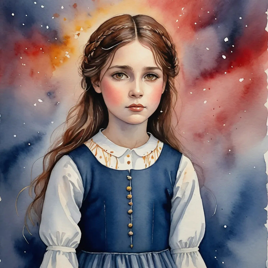 a painting of a girl in a blue dress with a red and yellow background and stars in the sky, figurative art, a watercolor painting, Clarice Beckett, trending on art station
