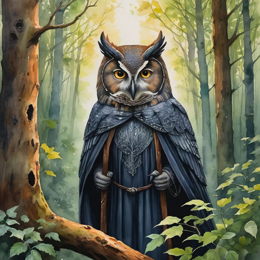 a painting of an owl with a long horned hat and a long cloak on a tree branch in a forest, fantasy art, a storybook illustration, Dan Mumford, in gouache detailed paintings