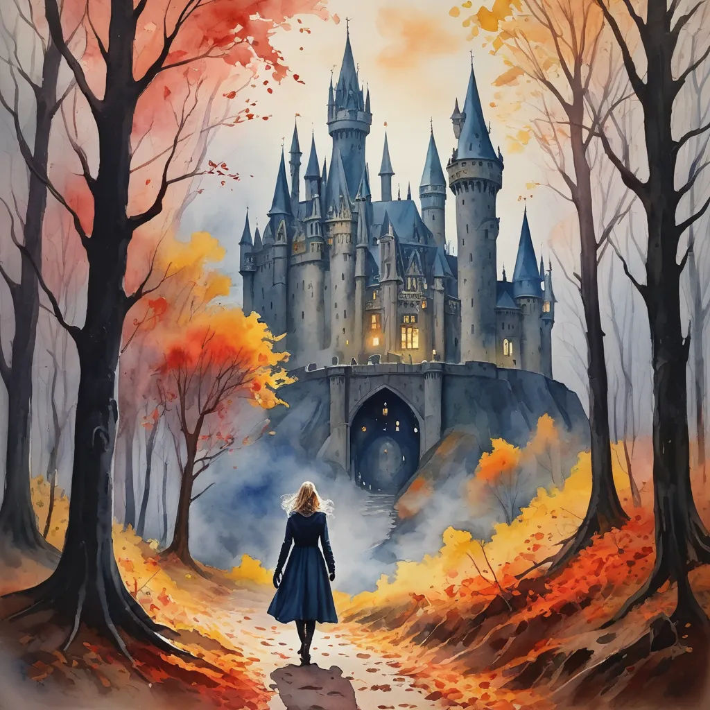 a painting of a woman walking towards a castle in the woods with a path leading to it and a glowing light coming from the castle, fantasy art, a storybook illustration, Anato Finnstark, fantasy artwork