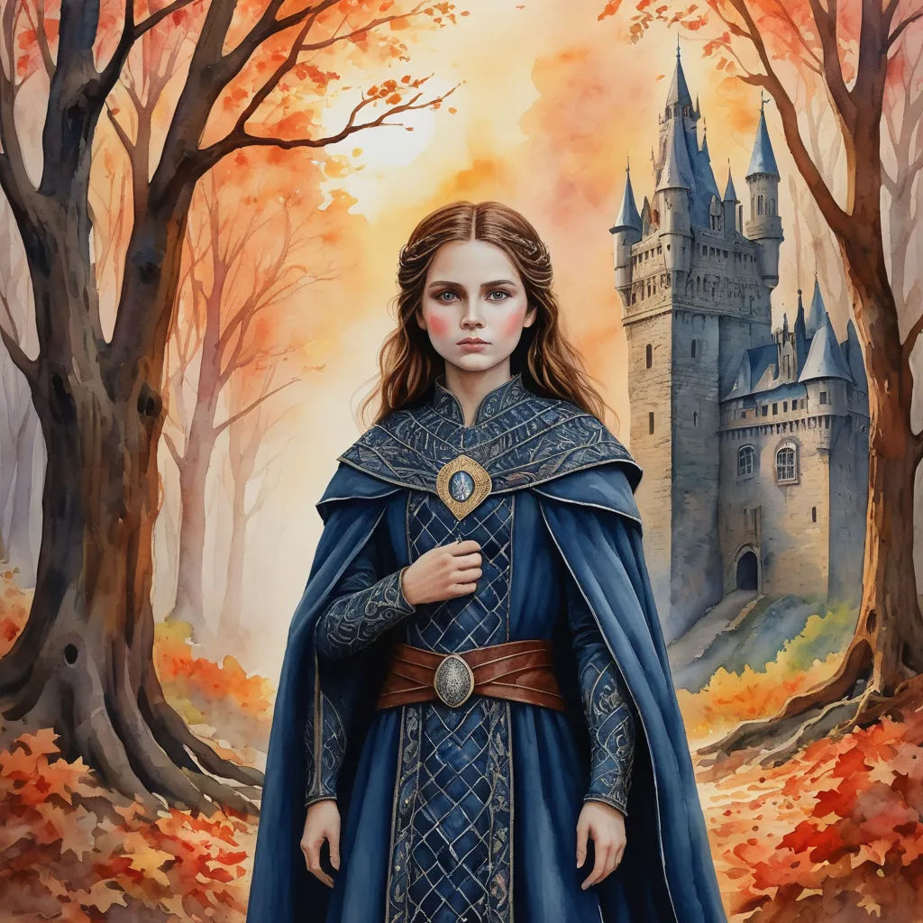 a painting of a woman in a blue dress and a castle in the background with trees and leaves on the ground, fantasy art, a storybook illustration, Dirk Crabeth, official art