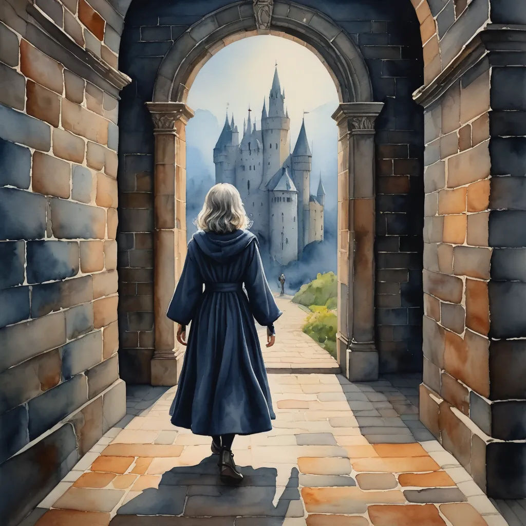 a painting of a woman walking into a castle doorway with a castle in the background and a castle in the distance, fantasy art, a storybook illustration, Christophe Vacher, fantasy artwork