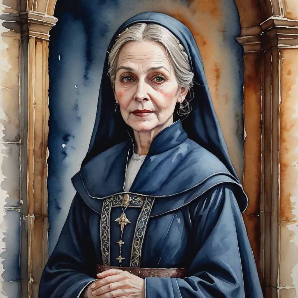 a painting of a woman in a blue robe and a cross on her chest, with a blue background, gothic art, an ultrafine detailed painting, Constance Copeman, in gouache detailed paintings