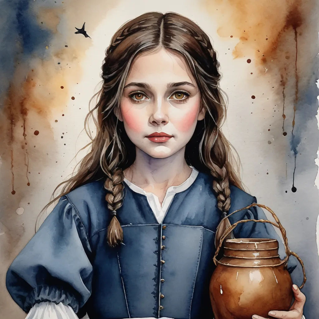 a painting of a girl holding a pot and a kettle in her hands with a bird flying overhead behind her, figurative art, a watercolor painting, Clarice Beckett, trending on art station