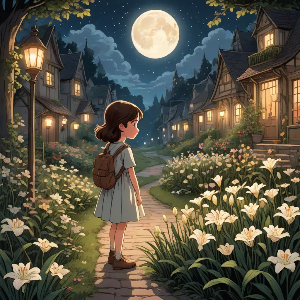 a girl is standing in a garden looking at the moon and flowers in the distance with a lantern on the roof, magical realism, a storybook illustration, Alice Prin, storybook illustration