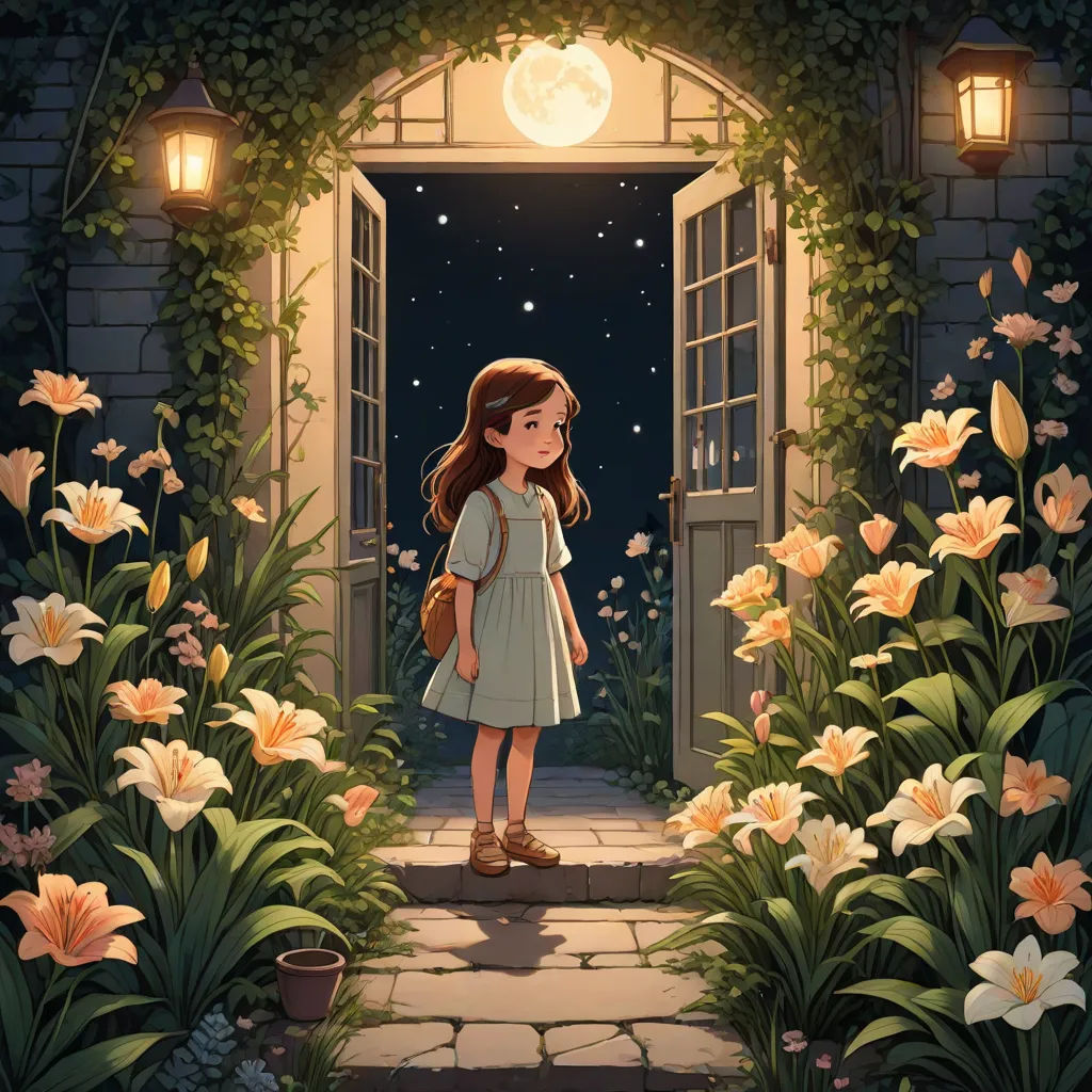a girl standing in front of a doorway with flowers and a lantern on the side of it, looking out, fantasy art, a storybook illustration, Atey Ghailan, storybook illustration