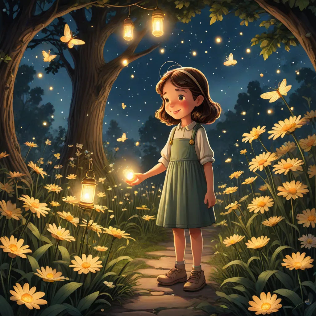 a girl holding a lantern in a forest with yellow flowers and butterflies around her, with a tree and a path leading to the lantern, fantasy art, a storybook illustration, Cyril Rolando, fireflies